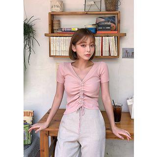 V-neck Drawcord Rib Knit Top