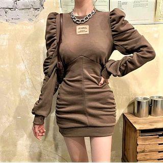 Puff-sleeve Shirred Pullover Dress
