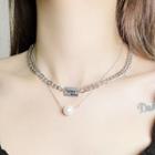 Lettering Tag Faux Pearl Pendant Layered Alloy Choker Silver - One Size