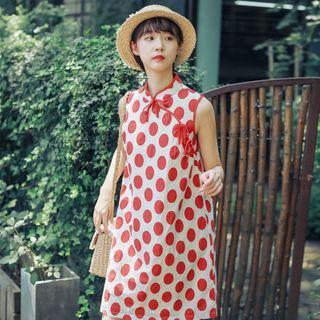 Mandarin Collar Dotted Sleeveless Mini A-line Dress