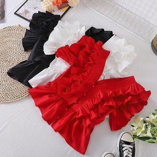 V-neck Ruffle Open-back Short-sleeve Top