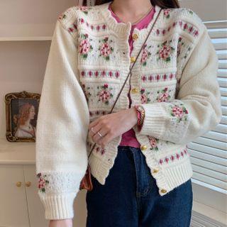 Flower Print Cardigan / Plain Long-sleeve T-shirt