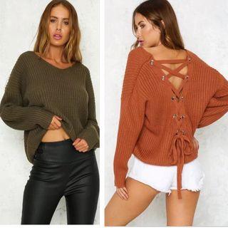 Lace-up Back V-neck Sweater