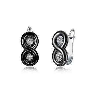 925 Sterling Silver Fashion Number 8 Black Ceramic Stud Earrings With Austrian Element Crystal Silver - One Size