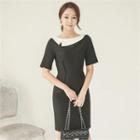 Contrast-collar Short-sleeve Sheath Dress