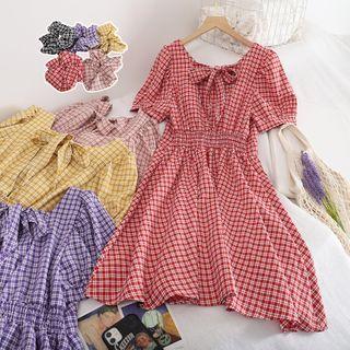 Plaid Puff Sleeve Midi Dress