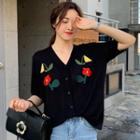 Elbow-sleeve Embroidered Button Knit Top