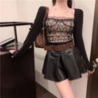 Long-sleeve Lace Top / Faux Leather Pleated A-line Skirt / Set