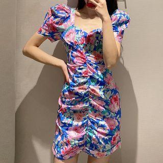 Puff-sleeve Flower Print Shirred Sheath Dress