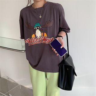 Elbow-sleeve Printed T-shirt Charcoal Gray - One Size