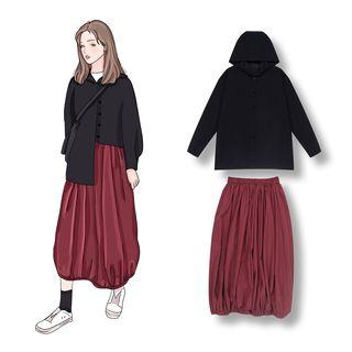 Hooded Buttoned Jacket / Midi Puff Skirt