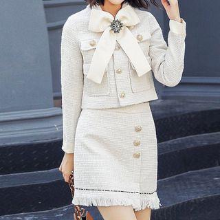 Set: Bow Accent Jacket + Fringed Trim Mini A-line Skirt
