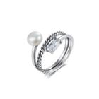 925 Sterling Silver Simple Fashion Geometric Twist Freshwater Pearl Adjustable Ring With Cubic Zirconia Silver - One Size