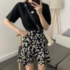 Set: Flower Embroidered Short-sleeve T-shirt + Flower Print Mini A-line Skirt