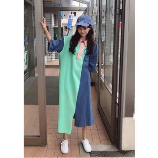 Color-block Long Polo Dress Green - One Size