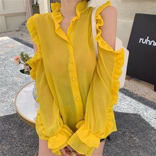 Cold Shoulder Frill Trim Shirt Yellow - One Size