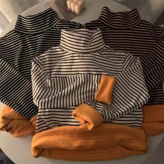 High-neck Striped Fleece-lined Long-sleeve Top