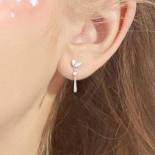 925 Sterling Silver Rhinestone Leaf Dangle Earring 1 Pair - Silver - One Size