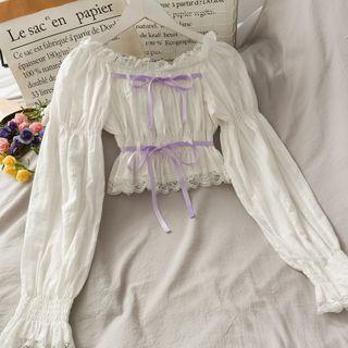 Tie-accent Lace-trim Boatneck Crop Top
