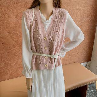 Set: Long-sleeve Midi A-line Dress + Knit Vest + Belt