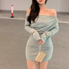 Off-shoulder Plain Mini Bodycon Dress Dusky Green - One Size