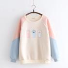 Paw Print Color-block Sleeve Fleece-lined Pullover