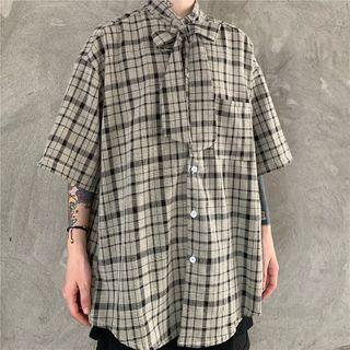 Short-sleeve Tie-neck Plaid Shirt