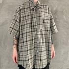 Short-sleeve Tie-neck Plaid Shirt