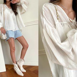 V-neck Sheer Peasant Blouse