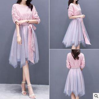 Tie Waist Striped Elbow-sleeve Dress