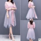 Tie Waist Striped Elbow-sleeve Dress
