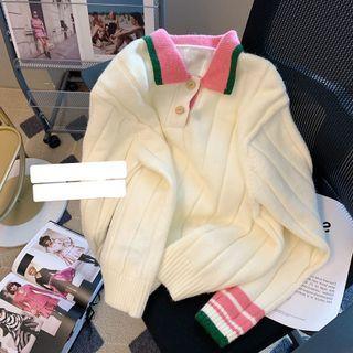 Striped Trim Polo Sweater Almond - One Size