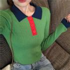 Color Block Collared Long-sleeve Knit Top Green - One Size
