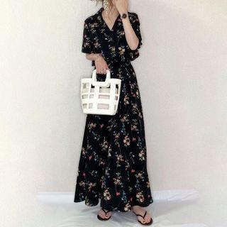 Short-sleeve Floral Maxi A-line Dress Black - One Size
