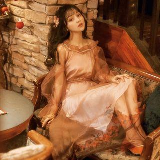 Set: Flower Print Off-shoulder Maxi Mesh Dress + Slipdress