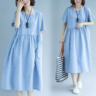 Short-sleeve Midi Plaid Dress