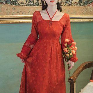 Long-sleeve Lace Panel Floral Midi A-line Dress