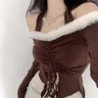 Long-sleeve Knit Shearling-collar Top Brown - One Size