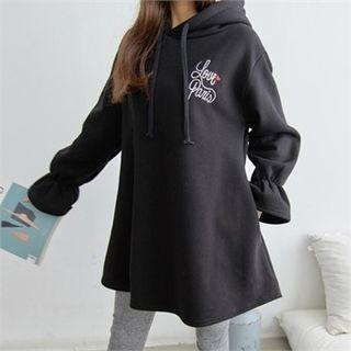 Lettering-embroidered Flared Long Hoodie