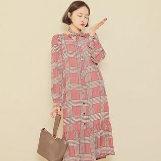 Ruffle-hem Checked Shirtdress With Sash