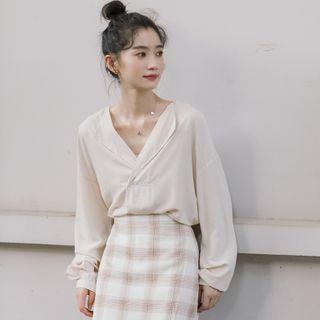 V-neck Plain Blouse / Plaid Mini A-line Skirt