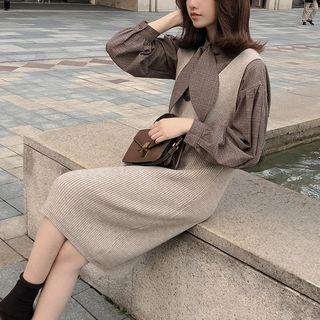 Set: Plaid Shirt + V-neck Sleeveless Knit Dress