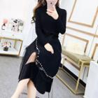 Set: Mock Turtleneck Long-sleeve Slit Knit Dress + Midi Mesh A-line Skirt