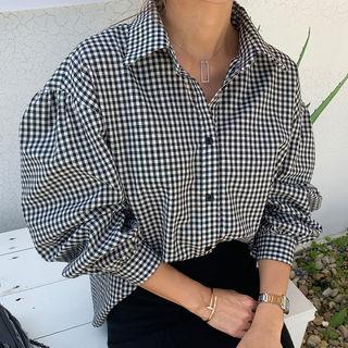 Balloon-sleeve Gingham Blouse Black - One Size