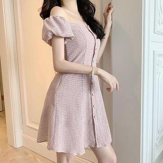 Puff-sleeve Off-shoulder Plaid Dress