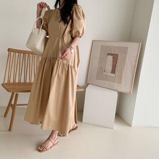 Puff-sleeve Long Ruffle Dress