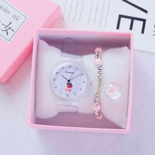 Set: Fruit Printed Clear Strap Watch + Beaded Bracelet