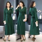 Long-sleeve V-neck Midi A-line Knit Dress