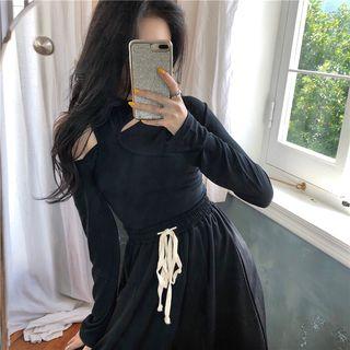 Plain Long-sleeve Loose-fit Top / One-shoulder Crop Tank Top / Slim-fit Pants