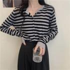 Long-sleeve Button-up Striped Knit Top Stripe - Black & Gray - One Size